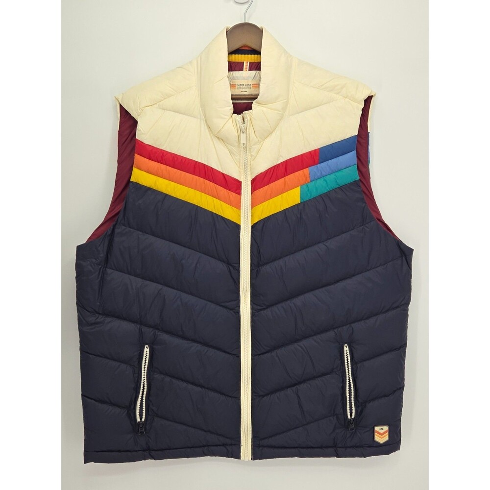 Marine Layer Archive Boreal Puffer Down Vest Mens XXL Navy Sunset Chevron Retro